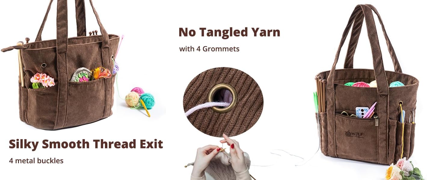 Corduroy Crochet Tote & Yarn Organizer, 4 Grommets, 8 Hook Slots, 4 Inner & 4 Outer Pockets, Zipper Top, 10.5" x 6.5" x 9.5", 1.32 gal/5 L, Vintage Metal Accents