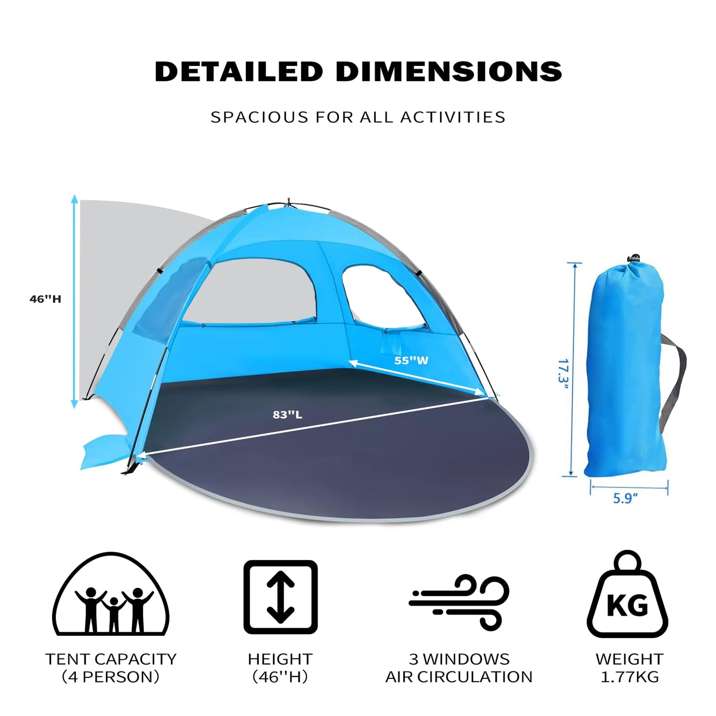 Beach Tent for 3-4 People, UPF50+ Sun Shelter, 3-Way Ventilation Mesh Windows, 8.0mm Fiberglass Poles, Sandbags & Stakes, 83 x 55 x 46 in, Blue