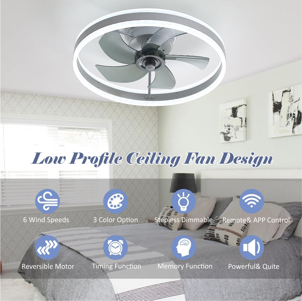 Ceiling Fan with Lights and Remote, 19.7 x 19.7 x 5.9 in (50 x 50 x 15 cm), Dimmable LED, 3 Color Temps, 6 Speeds, Reversible, Flush Mount