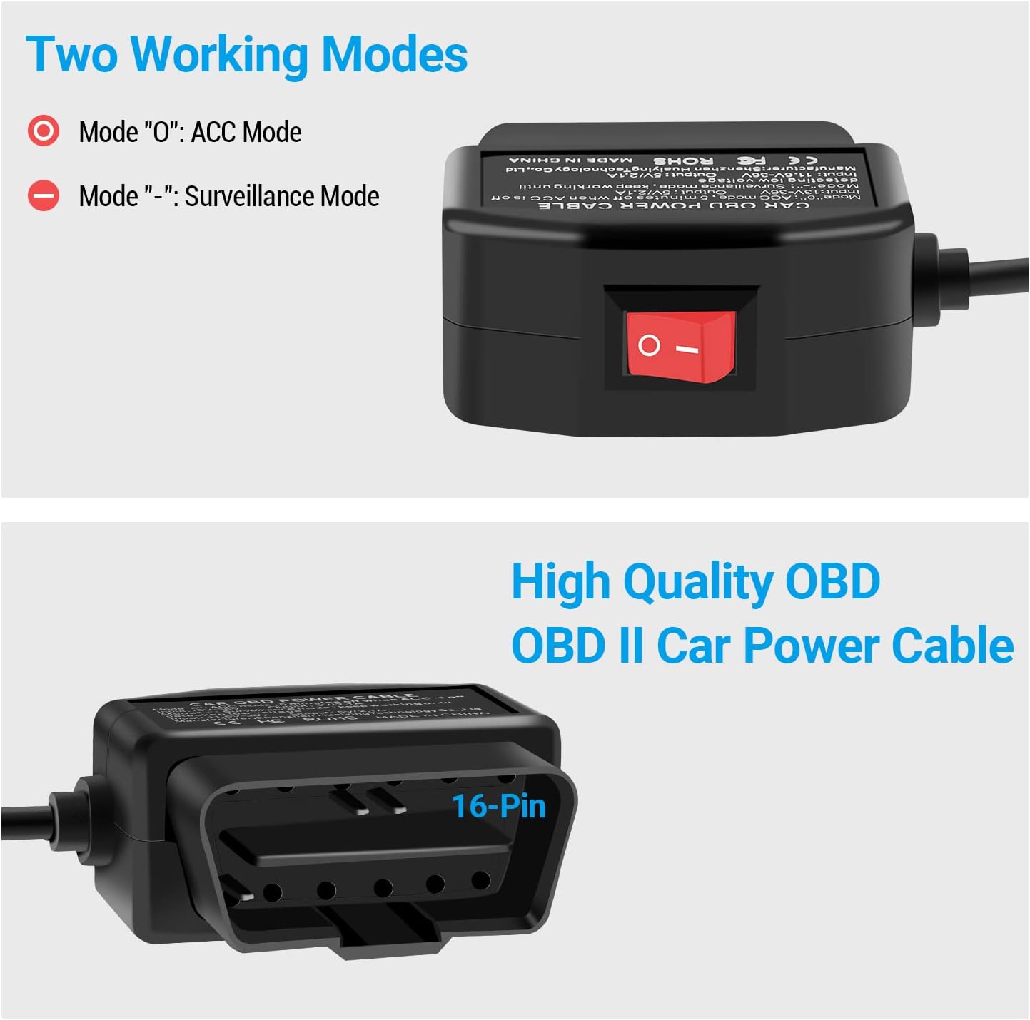 Versatile OBD2 to Type-C USB Power Cable for Dash Cams - 160W, Dual Mode, Low Voltage Protection