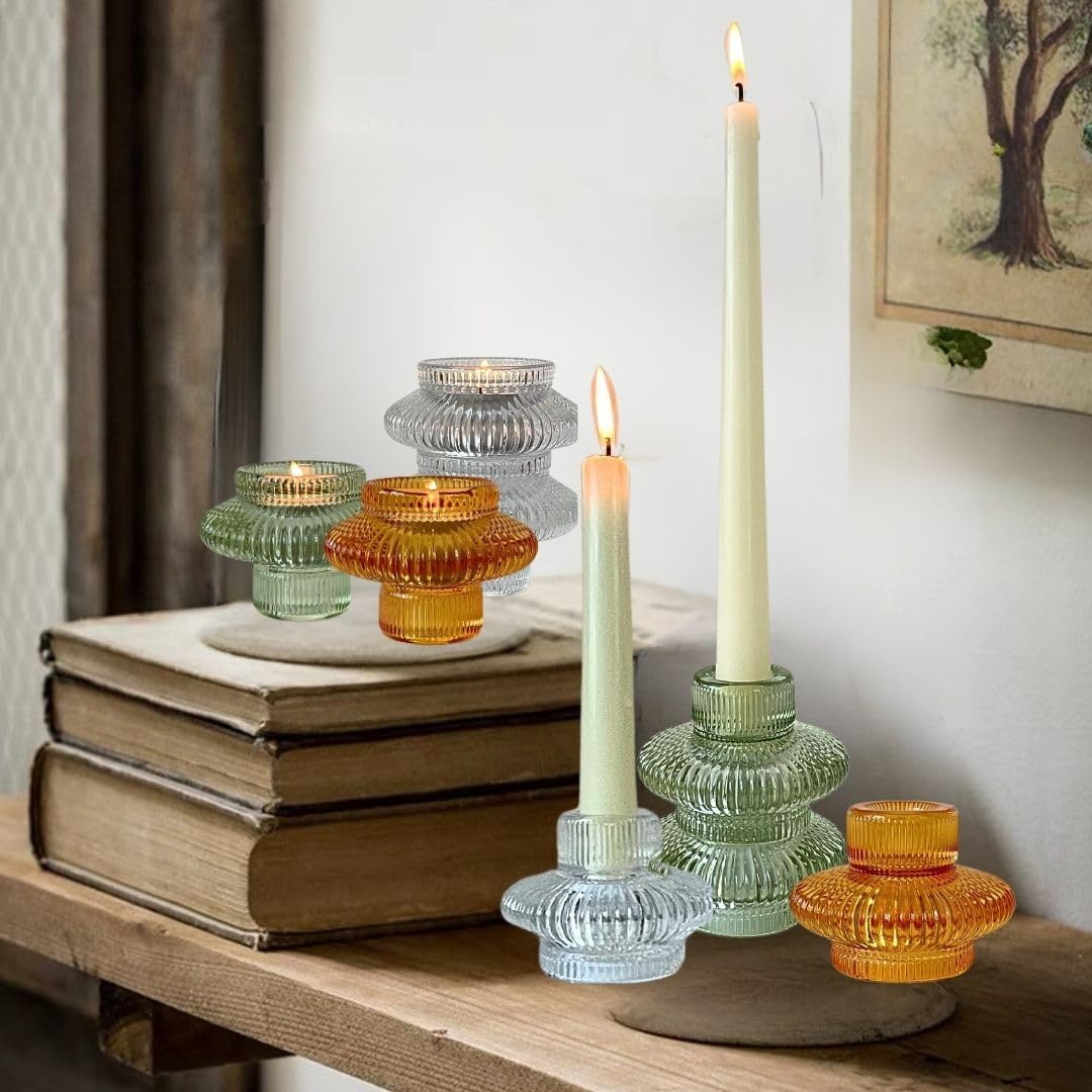 Dual-Sided Clear Glass Candlestick Holders for Tapered & Tealight Candles - Ideal for Weddings & Home Decor