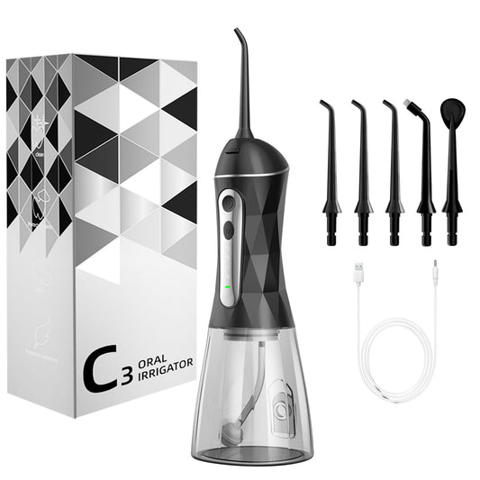 Portable Cordless Water Dental Flosser, 320ML Rechargeable Oral Irrigator, IPX7 Waterproof Teeth Cleaner with 5 Nozzles - Black