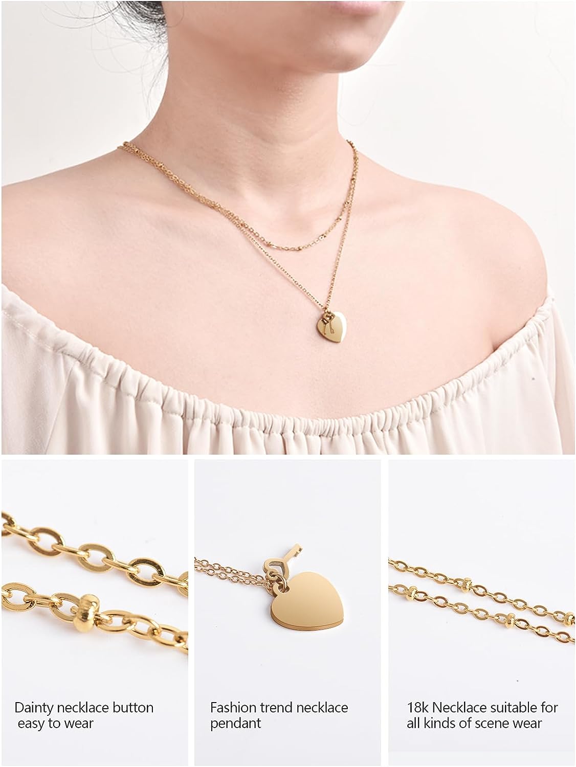 20"+2" 18K Gold Plated Heart Key Pendant Necklace w/ 18"+2" Choker