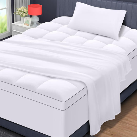 Twin XL Mattress Topper with Flat Sheet & Pillowcase Set - Enhances Comfort and Cooling, White