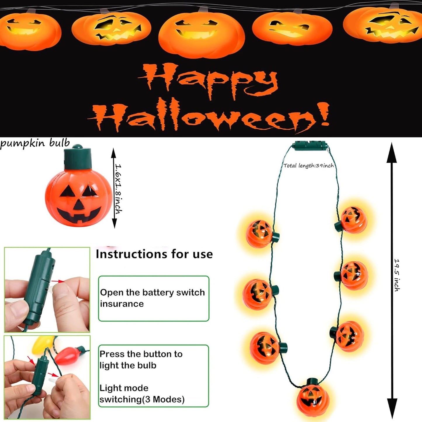 4pk Light Up Halloween Pumpkin Jack-O-Lantern Glow In The Dark Necklaces