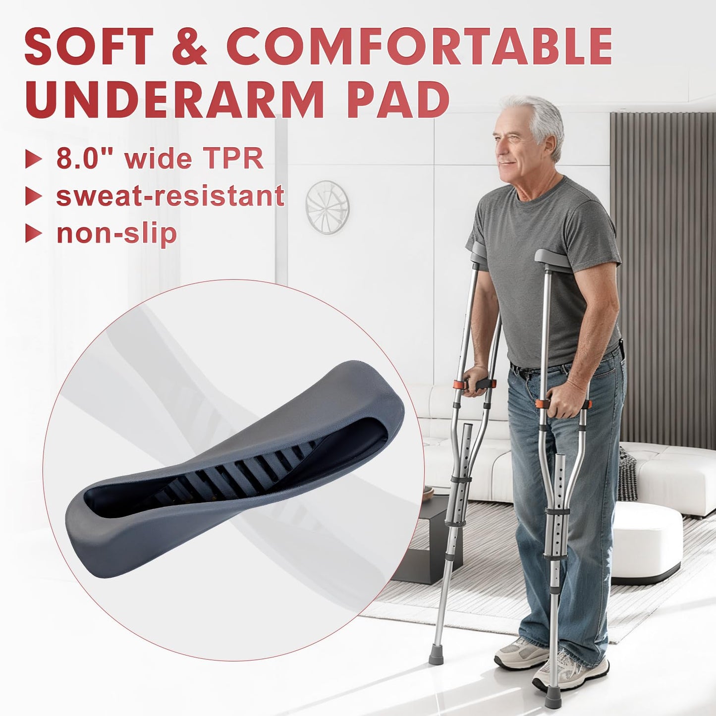 Aluminum Underarm Crutches for Adults and Seniors, Adjustable Height 38.2-61.8 Inches, Lightweight 2 lb Each, 300 lb Capacity Pair