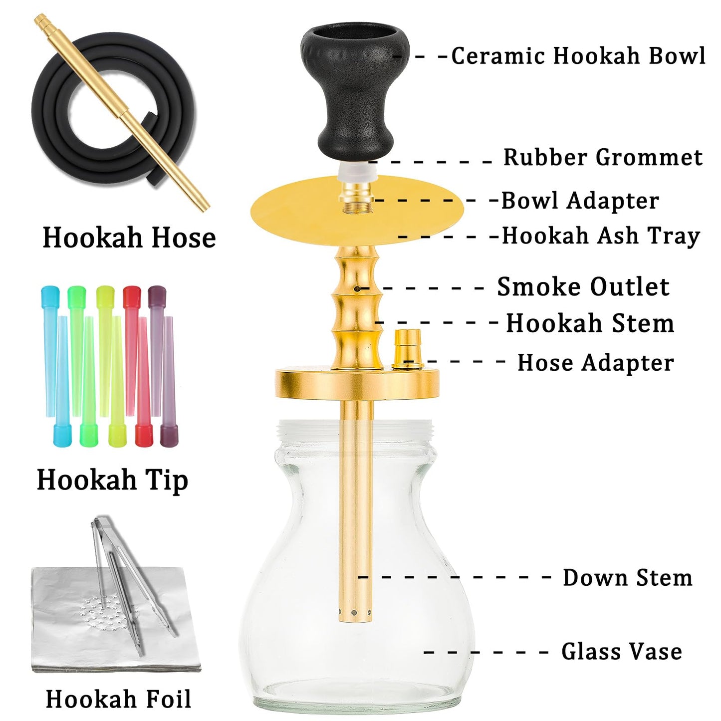 Portable Mini Hookah Set with Ceramic Bowl, Silicone Hose, Glass Vase, Travel Bag, Hookah Tips, Foil and Tongs, Black