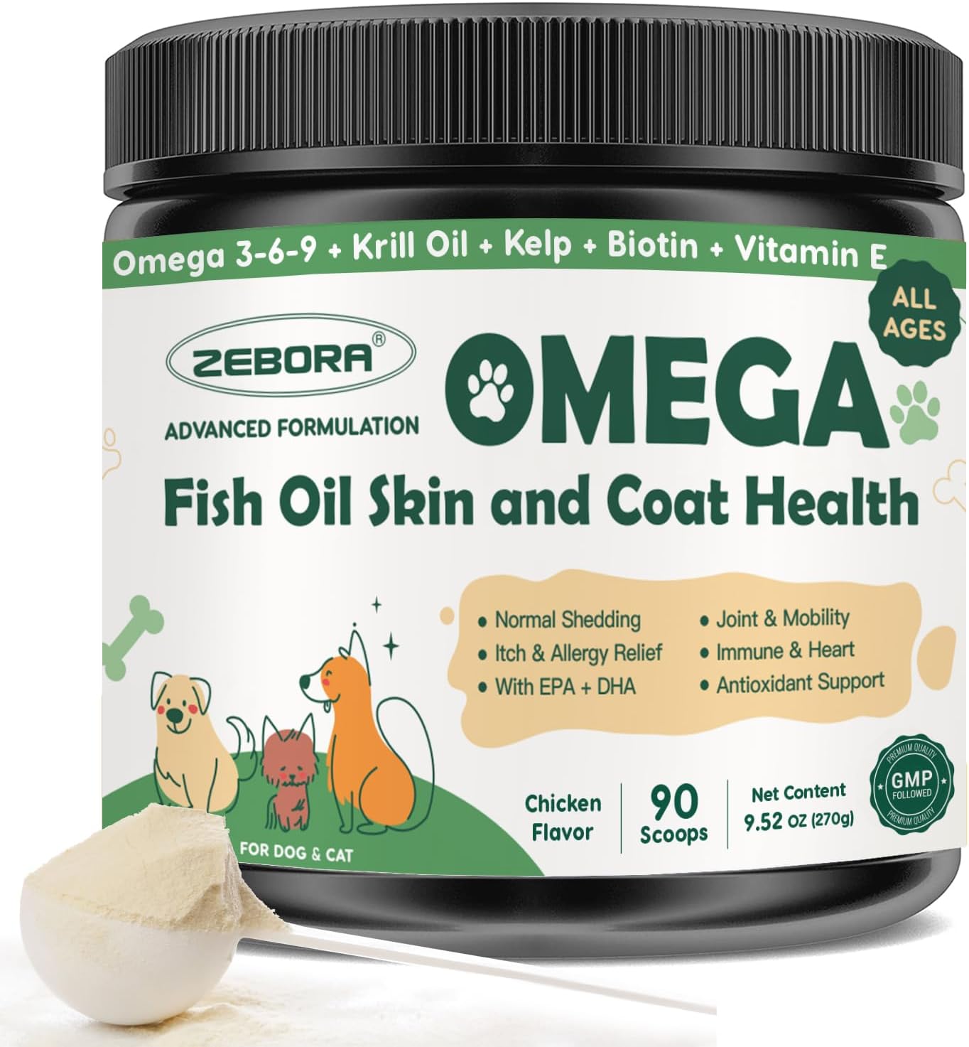 Premium Omega 3 Fish Oil Powder for Dogs, Supports Skin, Coat & Joint Health
