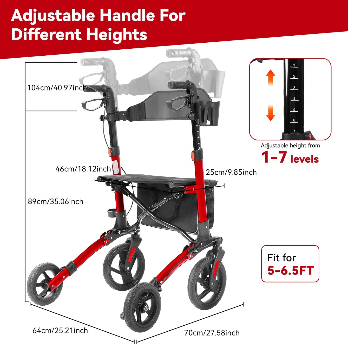 Portable Folding Walker with Mesh Seat, 350lb Capacity, 10-Inch Wheels - Red