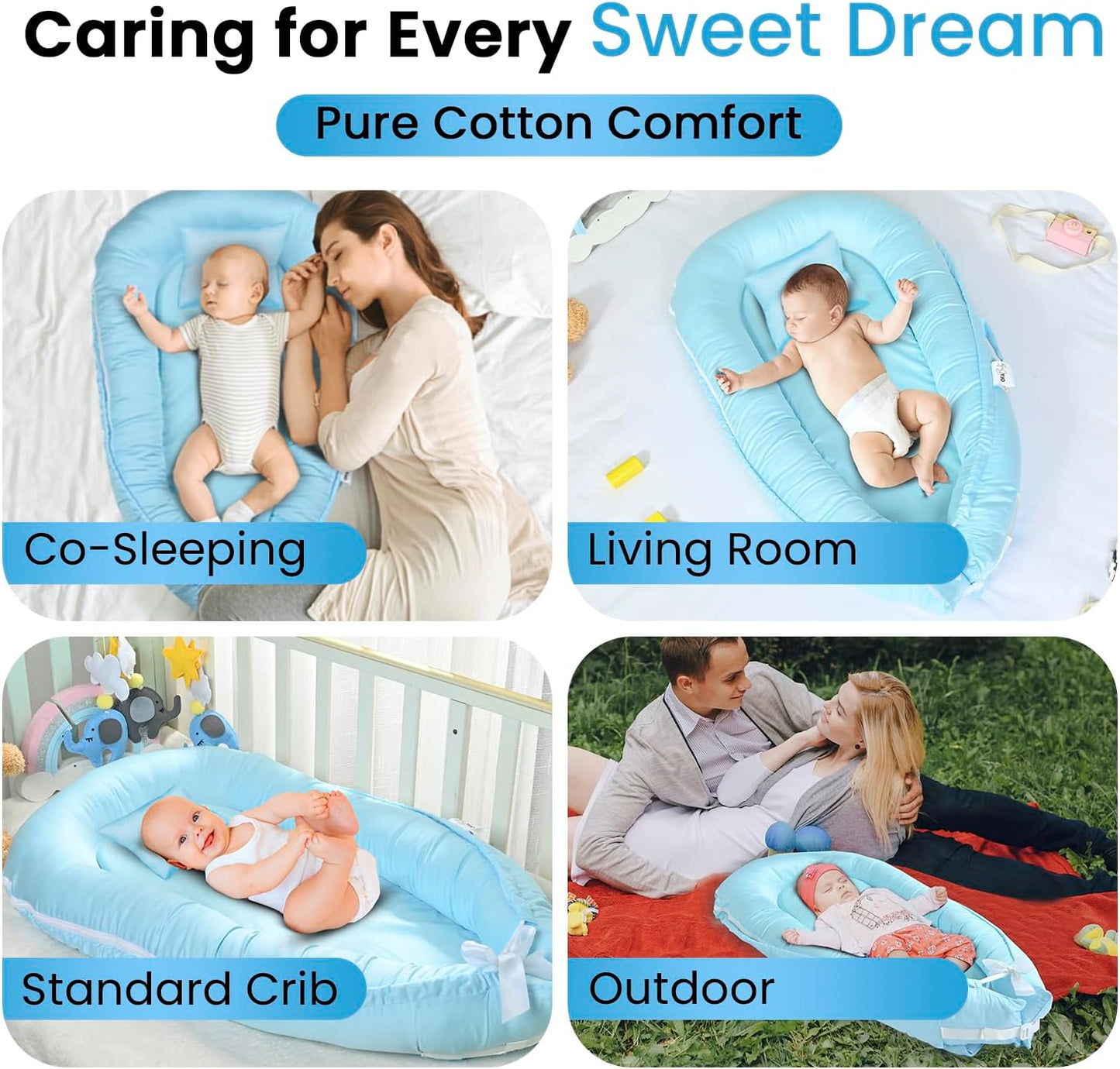 Baby Lounger Nest Pillow for 0-24 Months, Portable Foldable Baby Lounger with Soft Foam Mat, Removable Washable Cover, Blue