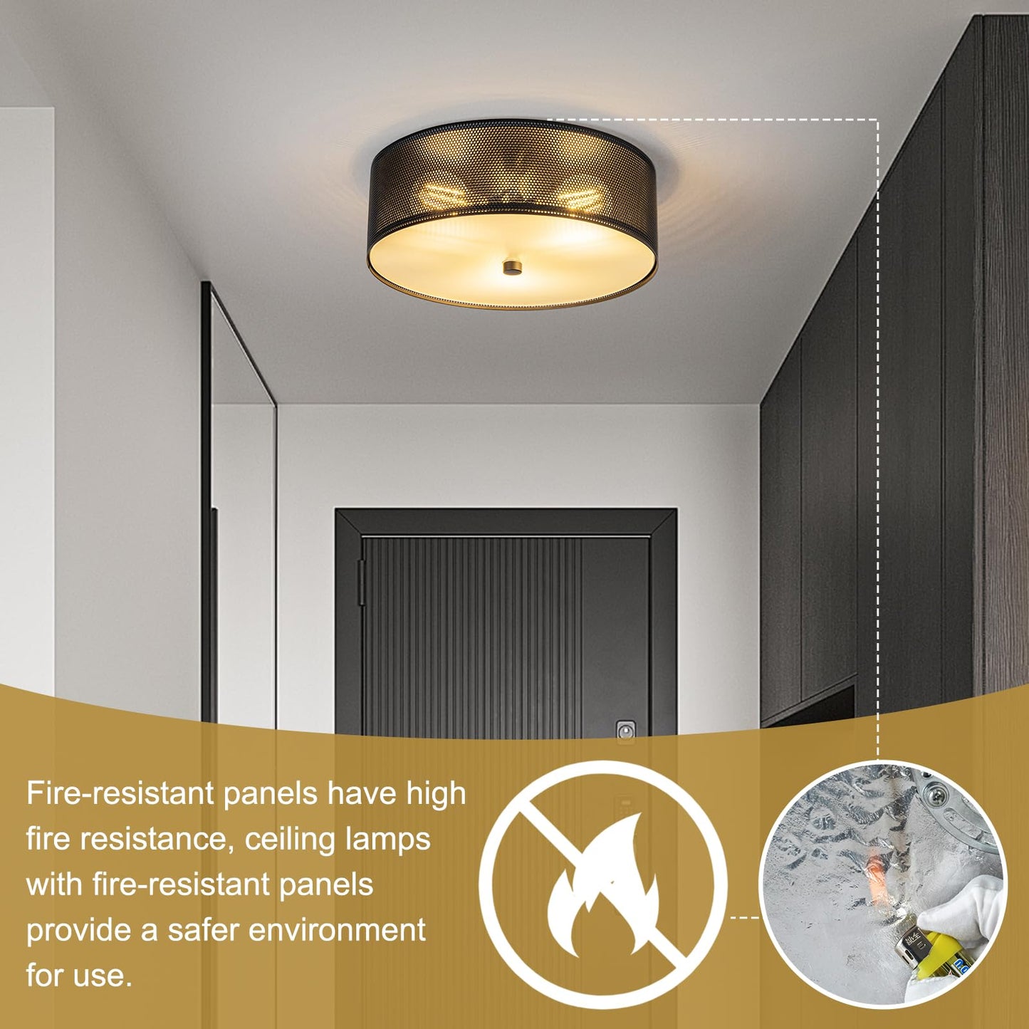 3-Light Industrial Flush Mount Ceiling Light, 12 in Metal Mesh Cage Drum Ceiling Lamp, Black E26 Dimmable Fixture for Kitchen Hallway Bedroom