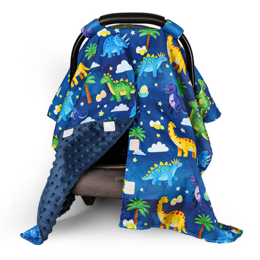 Dinosaur Baby Car Seat Cover with Peekaboo Opening - Warm Minky Canopy for Infants