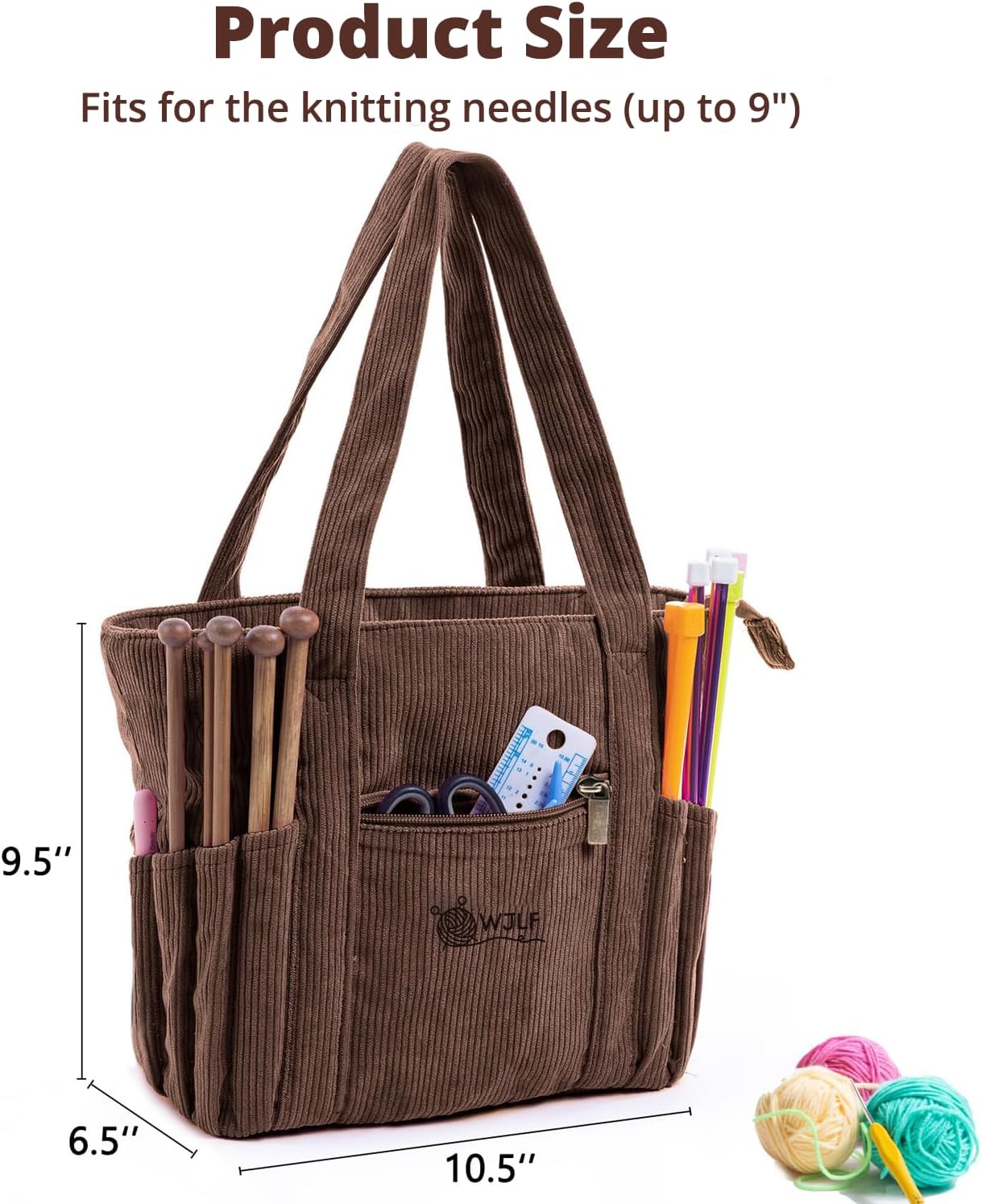 Corduroy Crochet Tote & Yarn Organizer, 4 Grommets, 8 Hook Slots, 4 Inner & 4 Outer Pockets, Zipper Top, 10.5" x 6.5" x 9.5", 1.32 gal/5 L, Vintage Metal Accents