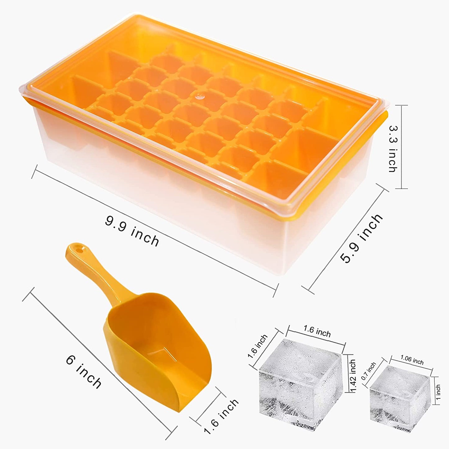 Yellow 36 Slot (6 Large, 30 Small) Ice Cube Tray w/ Lid, Bin, Scoop, & Cover