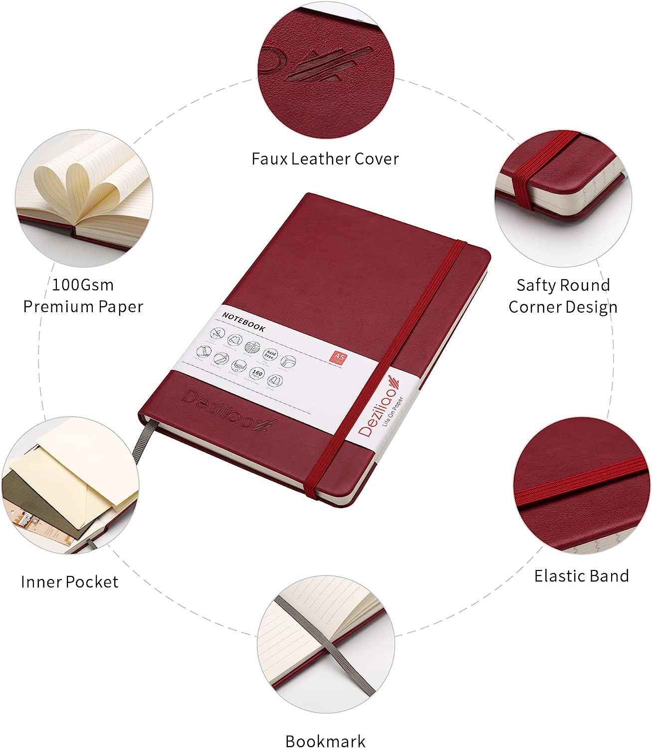 5.7"x8.4" Red 160 Page Ruled Hardcover Notebook/Journal w/ 100 GSM Paper