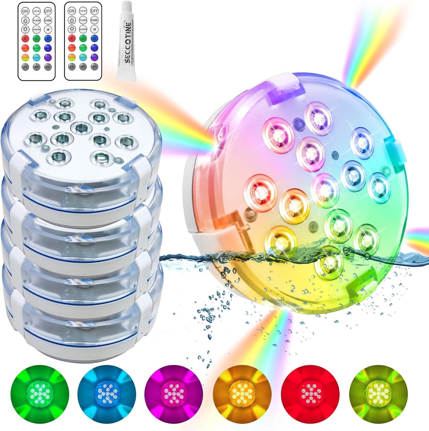 4" Submersible LED Pool Lights with Remote, 16 Colors, IP68 Waterproof - Ideal for Ponds and Fountains