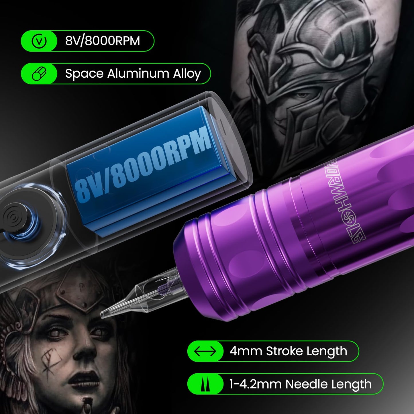 Wormhole Wireless Tattoo Machine Kit with 1,800mAh Battery, 20 Cartridge Needles, and Black Ink