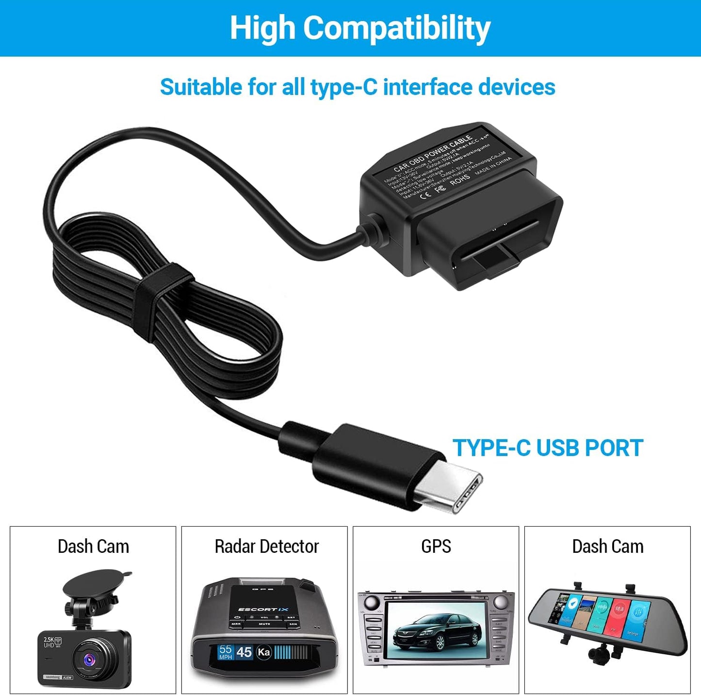 Versatile OBD2 to Type-C USB Power Cable for Dash Cams - 160W, Dual Mode, Low Voltage Protection