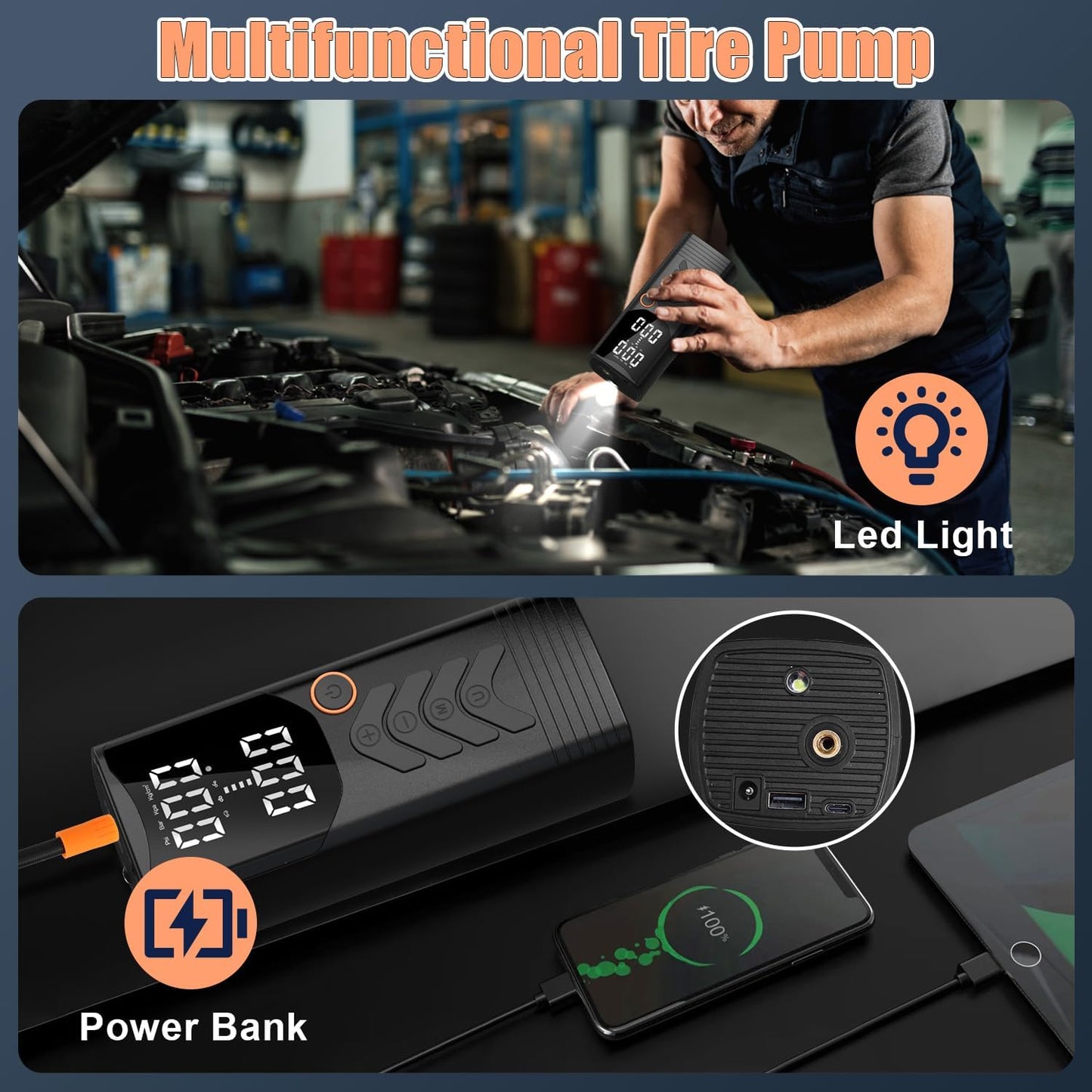 150PSI Portable Tire Inflator with Auto Shutoff & LED Light - Perfect for Cars, Bikes, & Motorcycles