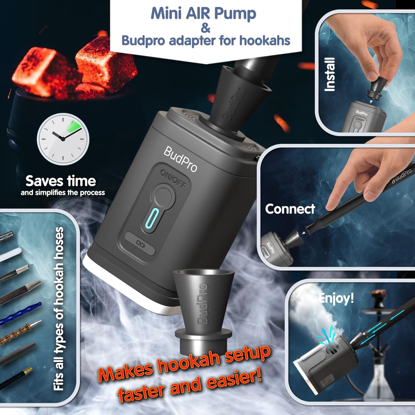 Electric Hookah Pump and Shisha Starter Kit - Rechargeable Charcoal Blower and Portable Air Compressor with 6 Nozzles