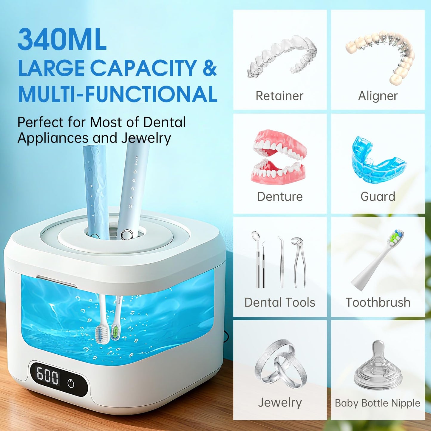 Ultrasonic Retainer Cleaner Machine with UV Light - 49kHz Dental Pod for Dentures, Aligners, Mouth Guards, and Jewelry - 11.5 fl oz (340 mL) Tank