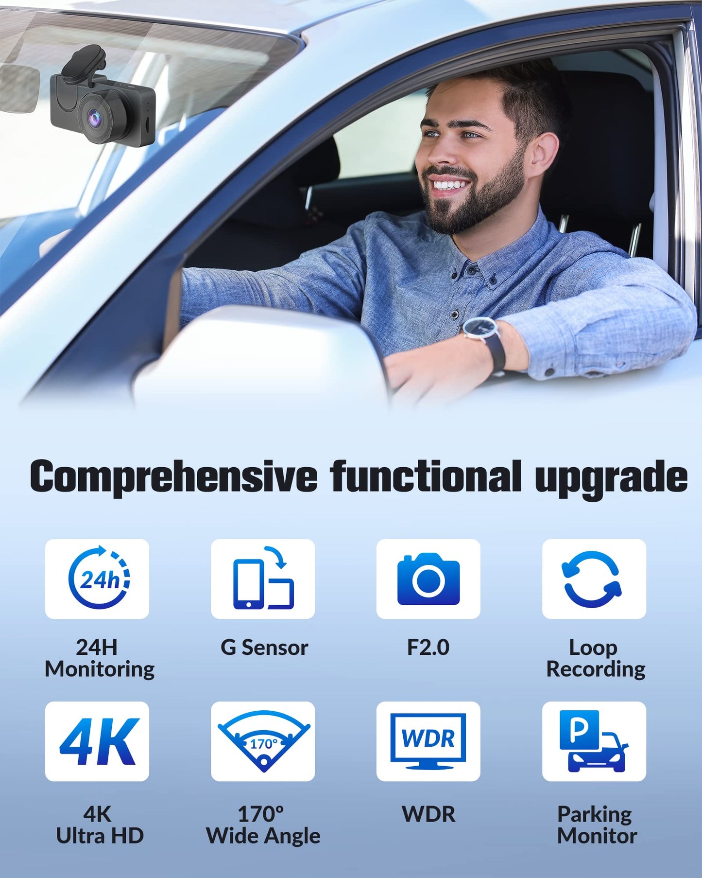 4K Full UHD 3-Channel Dash Camera for Cars, Front Rear Interior Recording, 32GB Card, Super Night Vision, 2.0 in IPS Screen, 170° Wide Angle