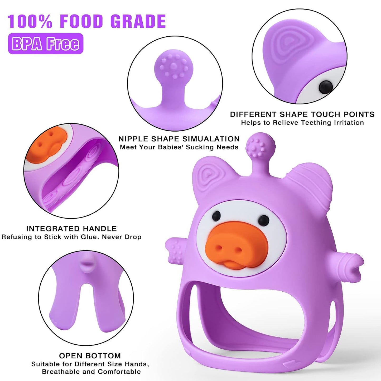 Purple Pig Baby Teether - Silicone Toys for Infants 0-6 Months, BPA Free