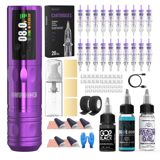 Wormhole Wireless Tattoo Machine Kit with 1,800mAh Battery, 20 Cartridge Needles, and Black Ink