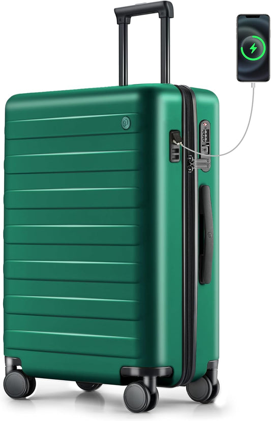 65L Emerald Green Rhine Pro Plus Checked Luggage with USB Port and Spinner Wheels