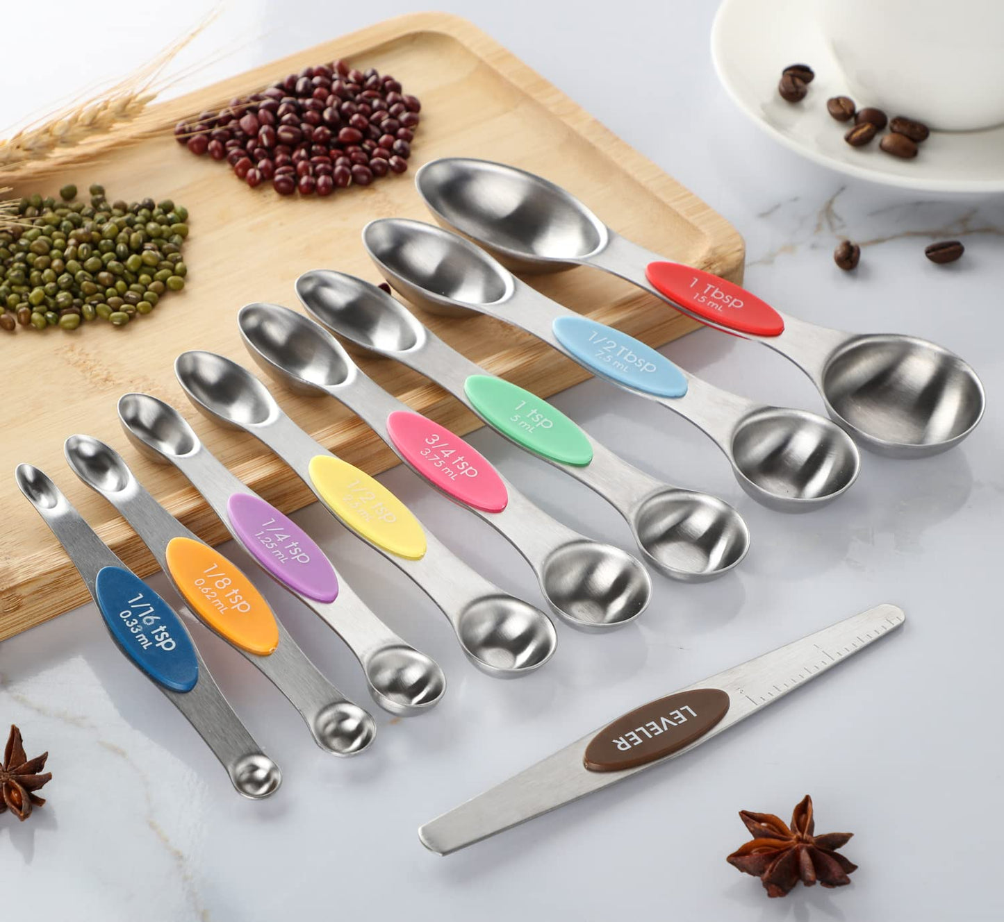 Magnetic Measuring Spoons Set of 9 - Dual Sided Stainless Steel Nesting Spoons