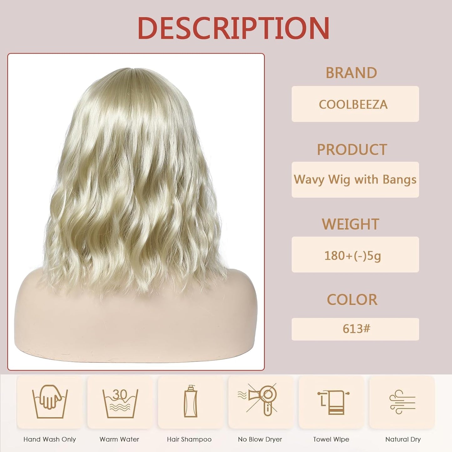 12" Blonde Wavy Shoulder-Length Wig with Bangs for Daily or Party Use