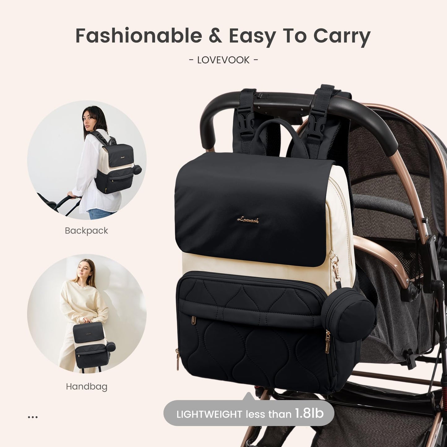 Waterproof Diaper Bag Backpack with Changing Pad and Stroller Straps - Black