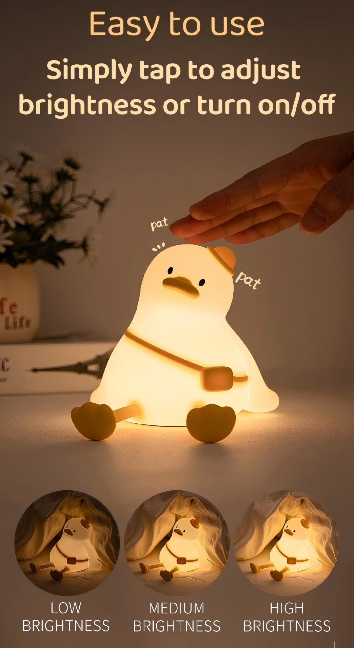 Duck Night Light for Kids, Rechargeable Silicone Squishy Lamp with Touch Control and 30-Minute Timer, Portable Dimmable Nursery Light
