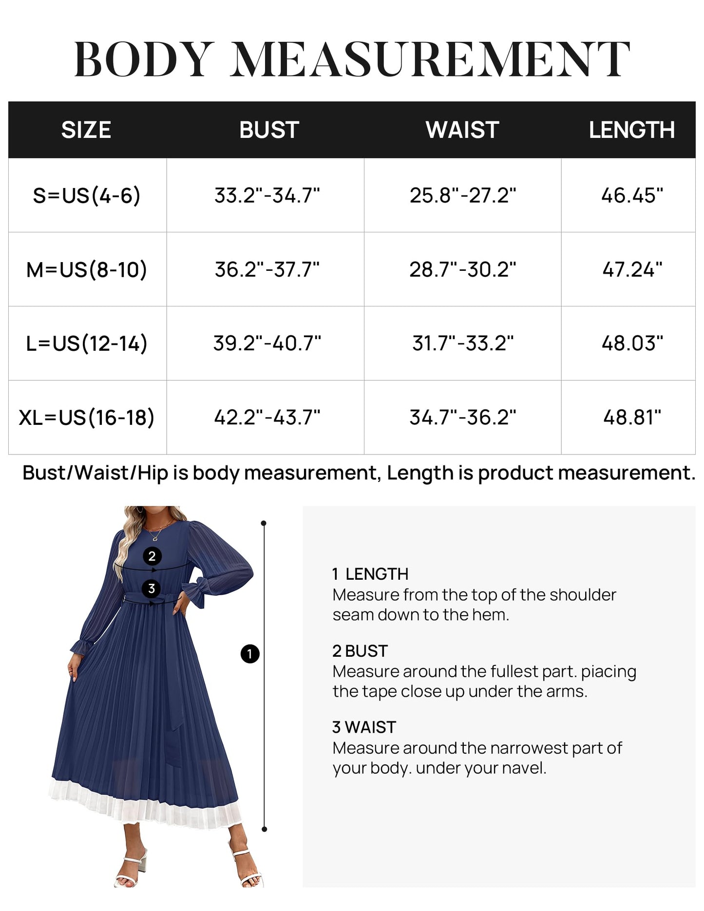 Dark Blue Medium Women's Long Sleeve Chiffon Midi Dress with Pleated Skirt and Detachable Belt