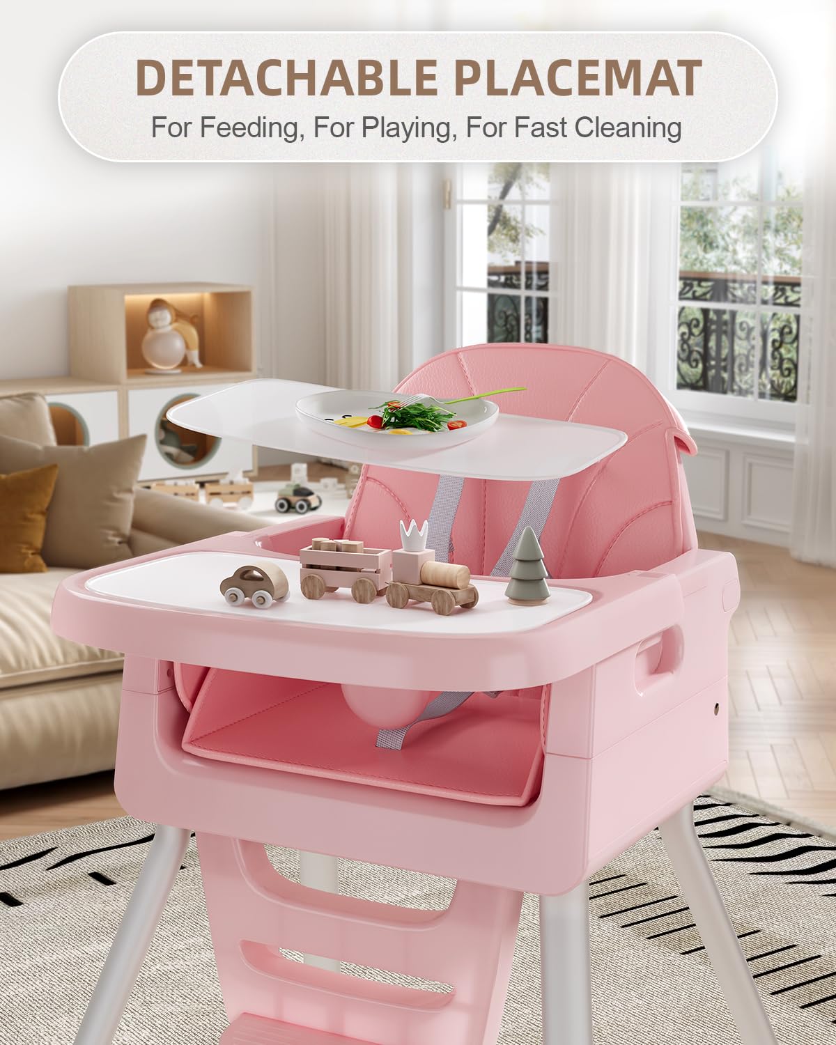 Foldable Baby High Chair with Removable Tray and 5-Point Safety Harness, White with Pink Cushion