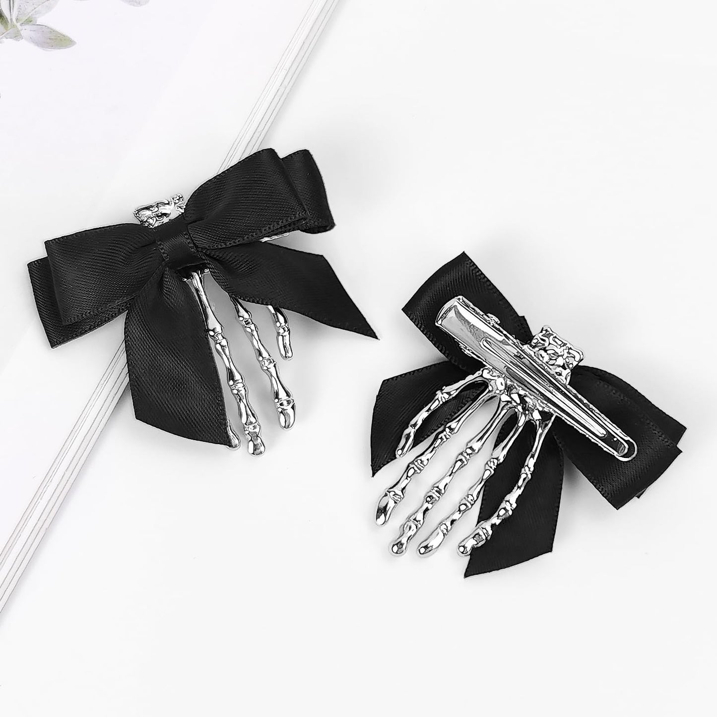 2 Pcs Black Skeleton Hand Hair Clips with Butterfly Design, Goth Halloween Accessories