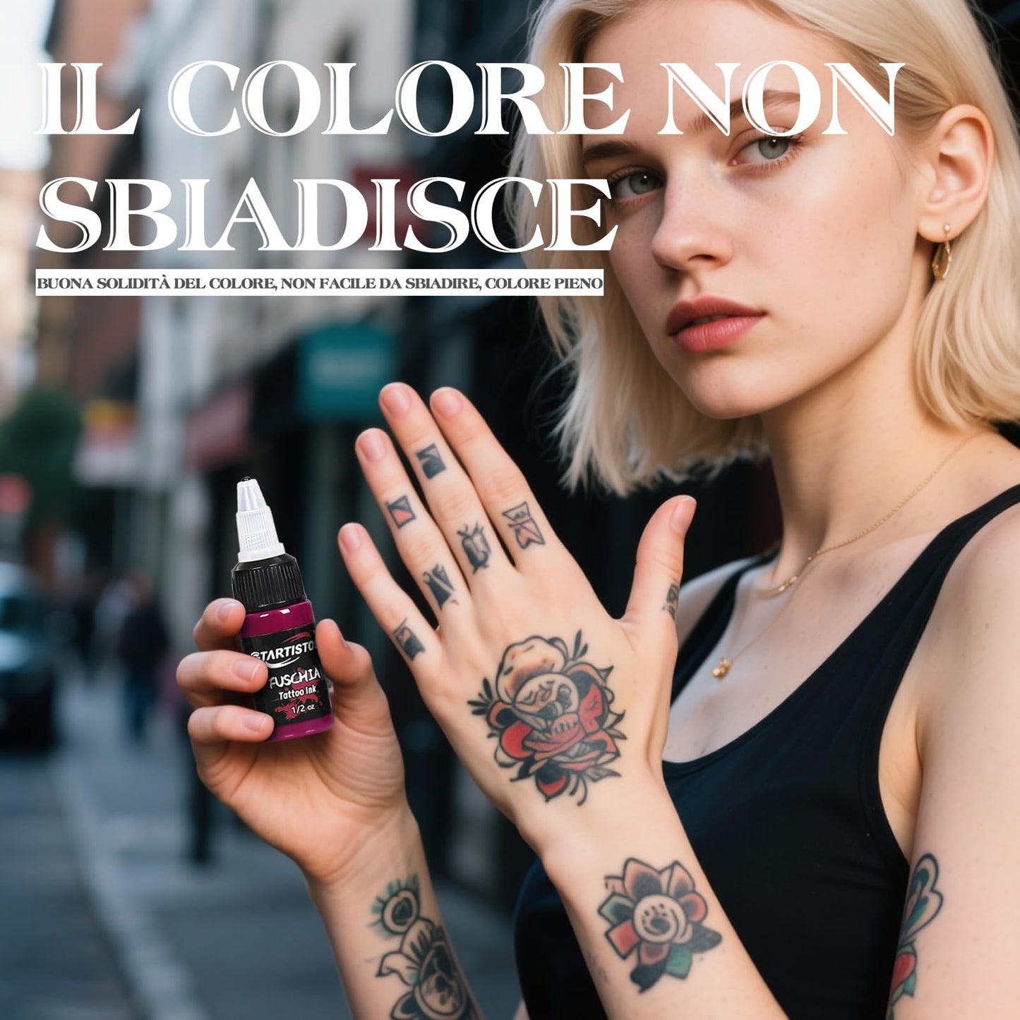 Tattoo Ink Set 16 Colors, 1/2 oz (15 ml) Professional Vegan-Friendly Pigment Tattoo Supplies Kit with True Black, Bright Red, Snow White Opaque