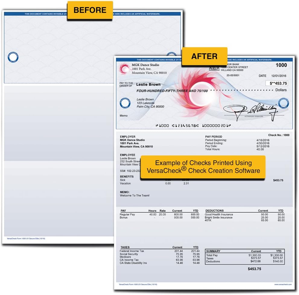 Secure Custom Business Checks - VersaCheck UV Top Secure (DNA) Checks, 500 Sheets Form #1000 - Check on Top