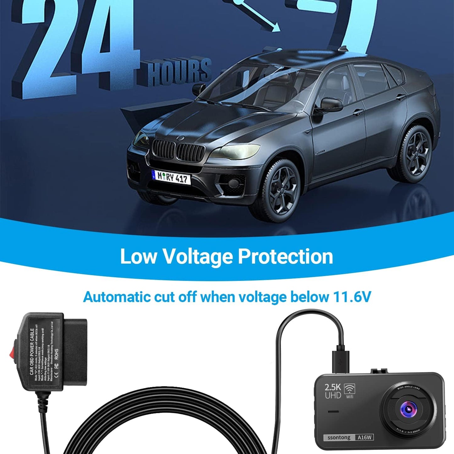 Versatile OBD2 to Type-C USB Power Cable for Dash Cams - 160W, Dual Mode, Low Voltage Protection