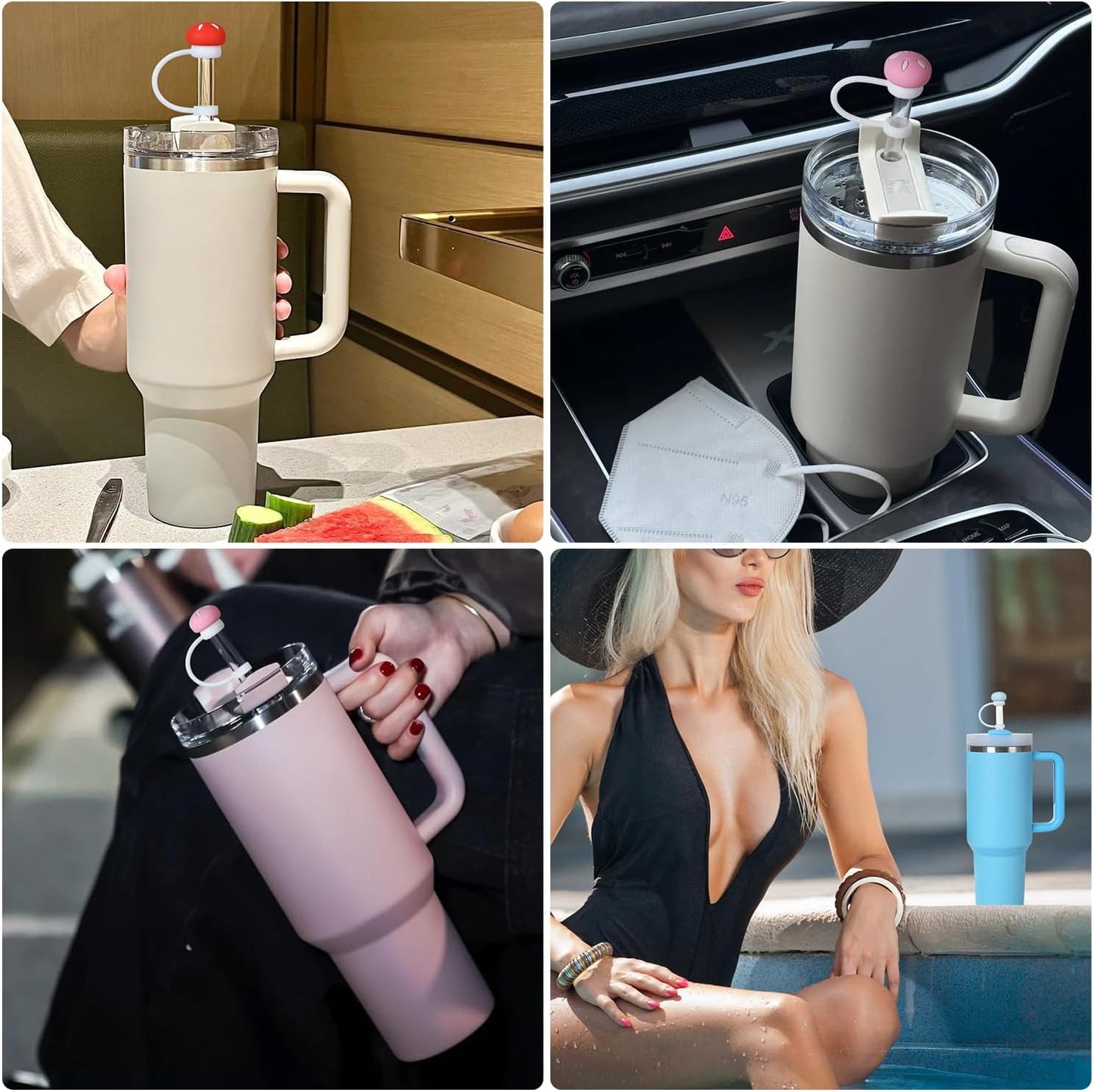 4-Pack Silicone Mushroom Straw Toppers for Stanley Cups, Fits 30 & 40 oz Tumblers - Dust & Spill Proof