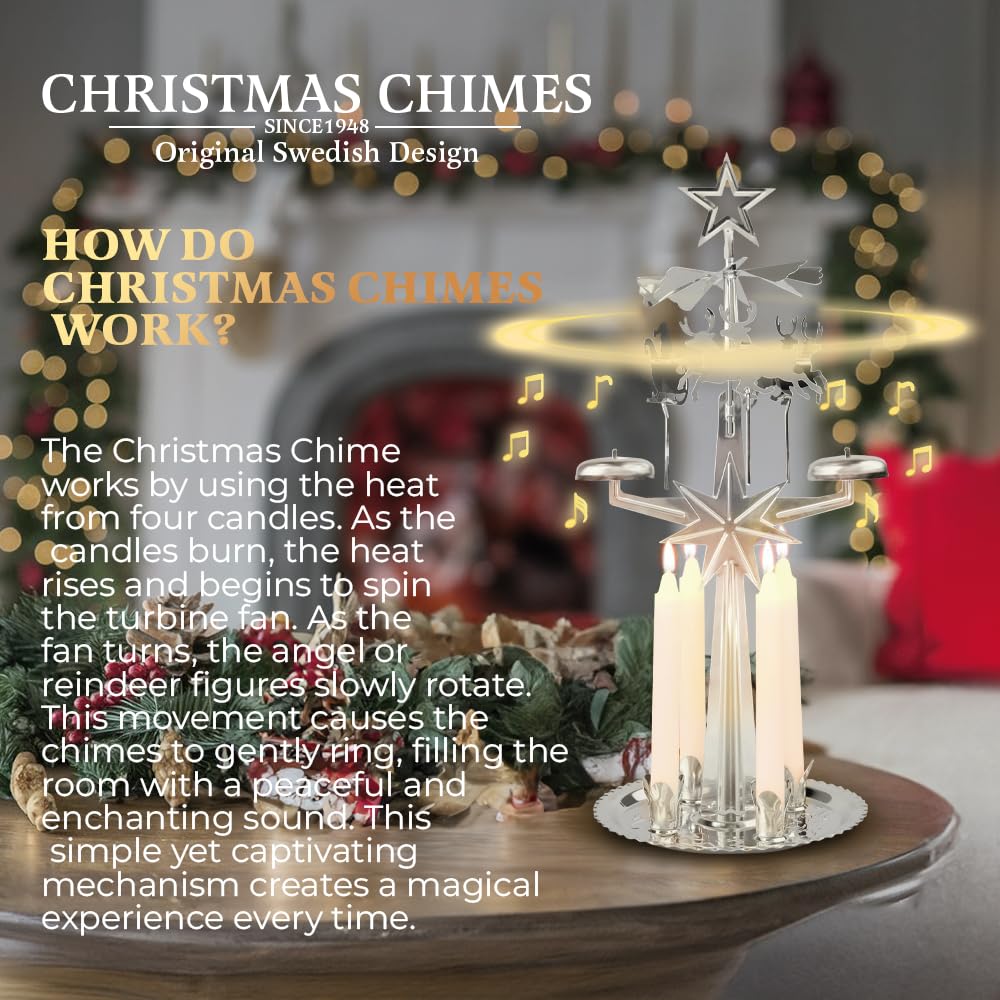 Original Swedish Angel Chimes - Silver Spinning Christmas Candle Carousel with 4 Candles