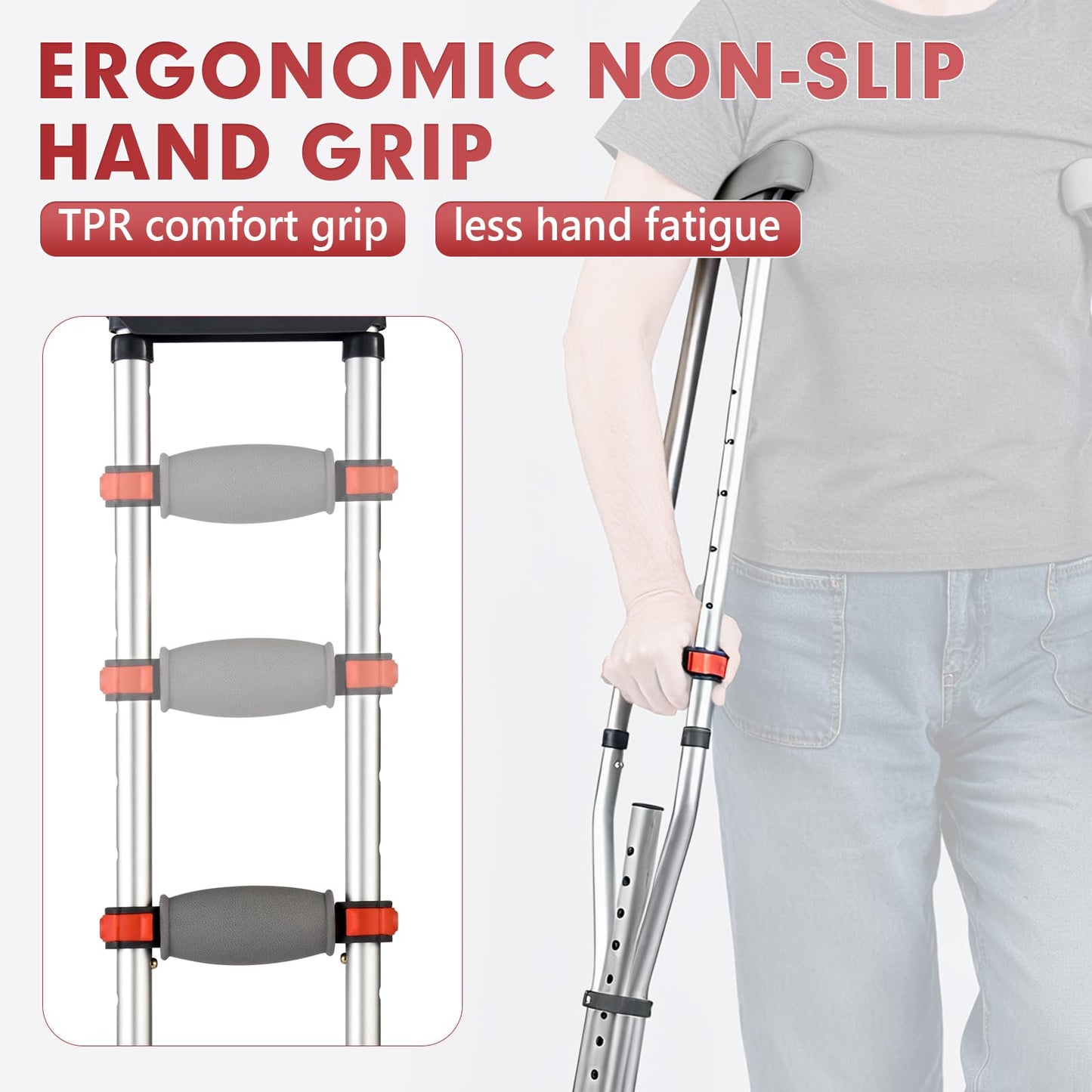 Aluminum Underarm Crutches for Adults and Seniors, Adjustable Height 38.2-61.8 Inches, Lightweight 2 lb Each, 300 lb Capacity Pair
