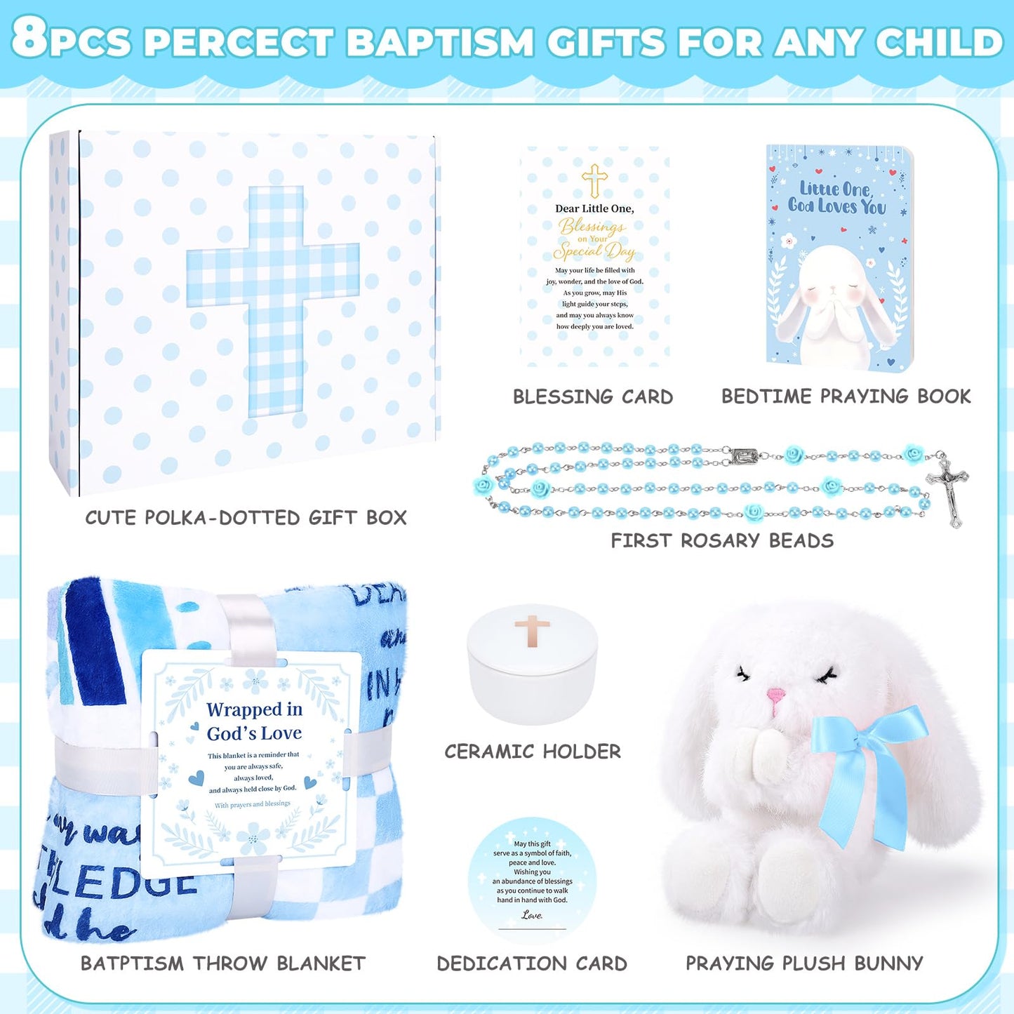Baptism Gift Basket for Boy - Christening & Dedication Set with Bunny Plush, Rosary, Prayer Book, and Keepsake Blanket