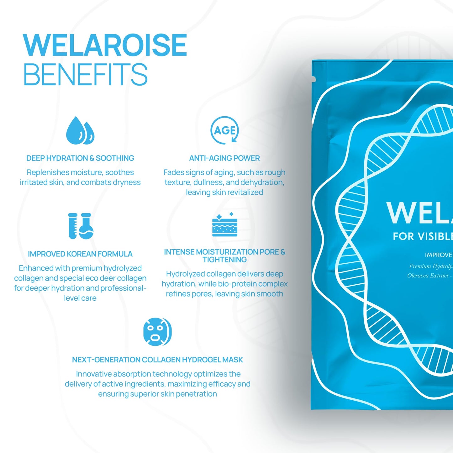 Collagen Hydrogel Face Mask Pack of 5, +35% More Collagen, Intense Hydration, Firming & Anti-Aging, Bio Protein, Bifida Ferment, Hyaluronate, Korean Skincare