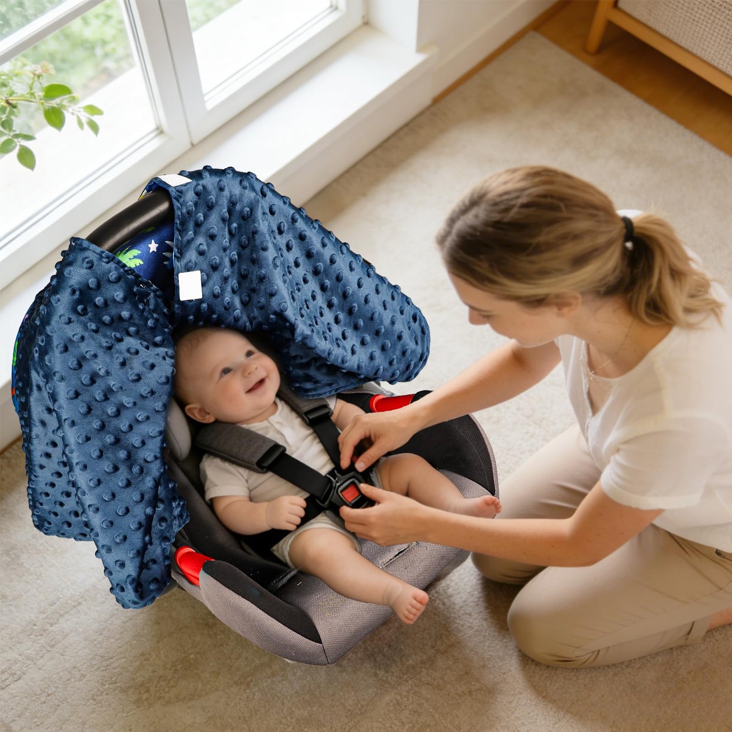 Dinosaur Baby Car Seat Cover with Peekaboo Opening - Warm Minky Canopy for Infants