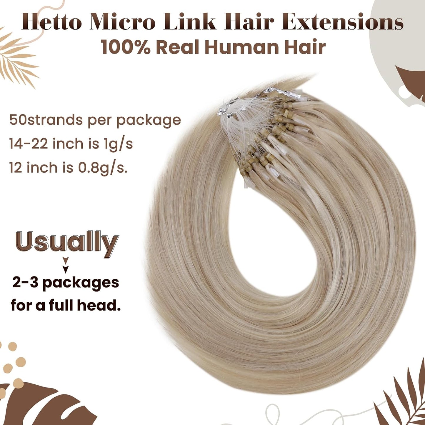 Premium 40g, 50 Strands Mixed Ash & Bleach Blonde Micro Link Hair Extensions, 12-inch