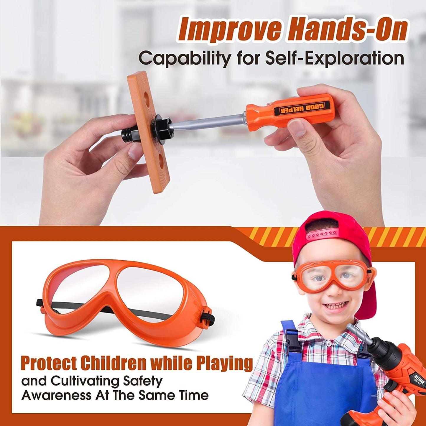 Kids 32-Piece Tool Set with Tool Box, Electronic Toy Drill & Tool Belt (19–28 in / 48–71 cm) – Pretend Construction Playset for Ages 3–7