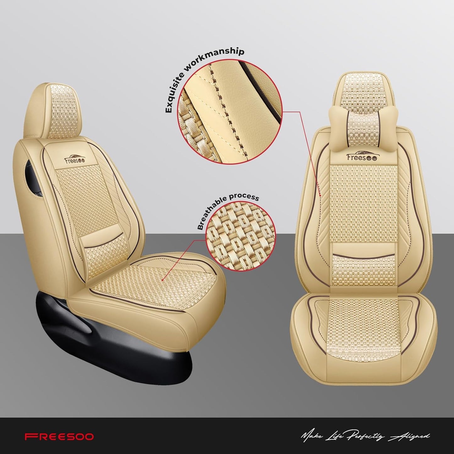 Full Set Beige Leather Car Seat Covers, Breathable and Universal Fit for Sedan, SUV, Coupe - With Lumbar Support