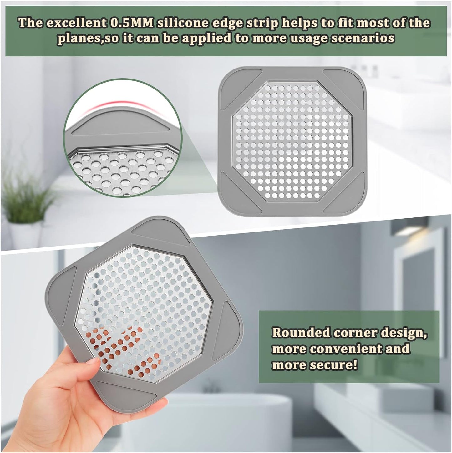 Durable 5.7-inch Square Shower Drain Hair Catcher with Silicone & Stainless Steel - Easy Install, Prevents Clogs