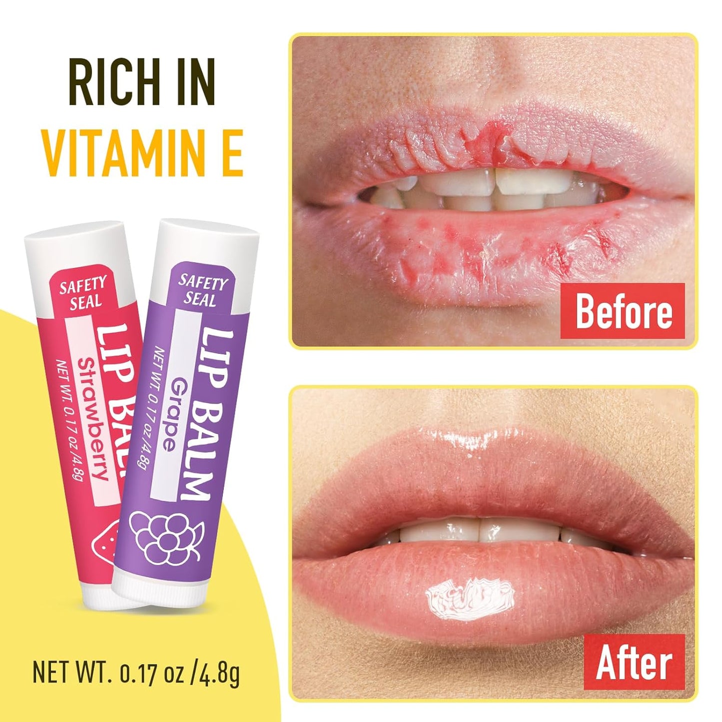 Lip Balm 8-Pack with Natural Ingredients, Vitamin E & Coconut Oil - Perfect for Dry Lips & Gift Giving